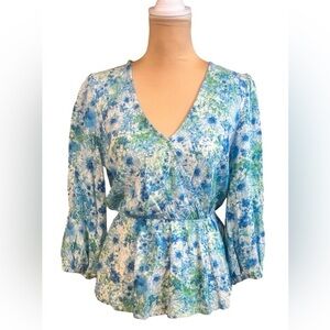 Entro Womens Balloon Sleeve V-neck Faux Wrap Peplum Floral Blue Green Large